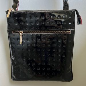 Arcadia Black patent leather crossbody with gold hardware